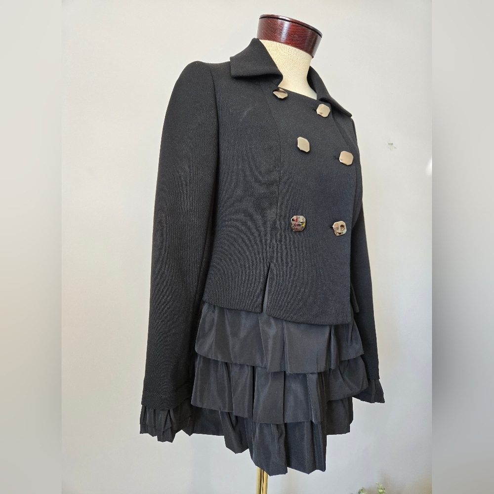 ECOLOR Black Double-Breasted Women's Jacket With Ruffle Bottom And Cuffs. Medium - Picture 3 of 14